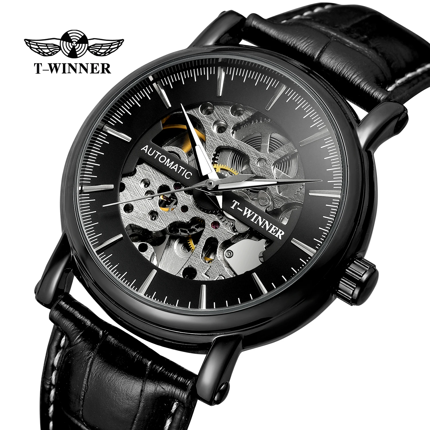 China factory t-winner fashion men watches automatic skeleton custom logo hot sale wrist watch