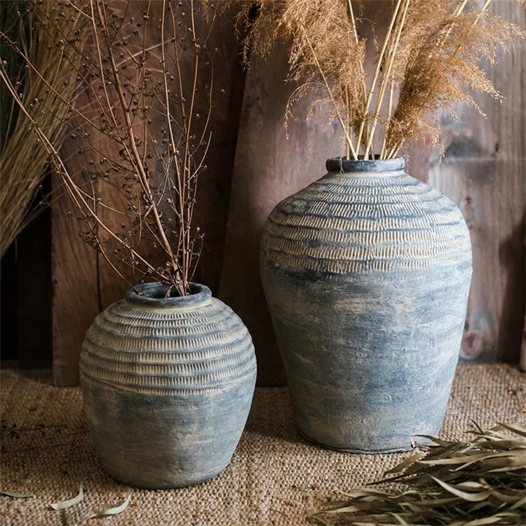 Farmhouse rustic vintage home decoration embossed clay interior vase floor flower vase large flower vases