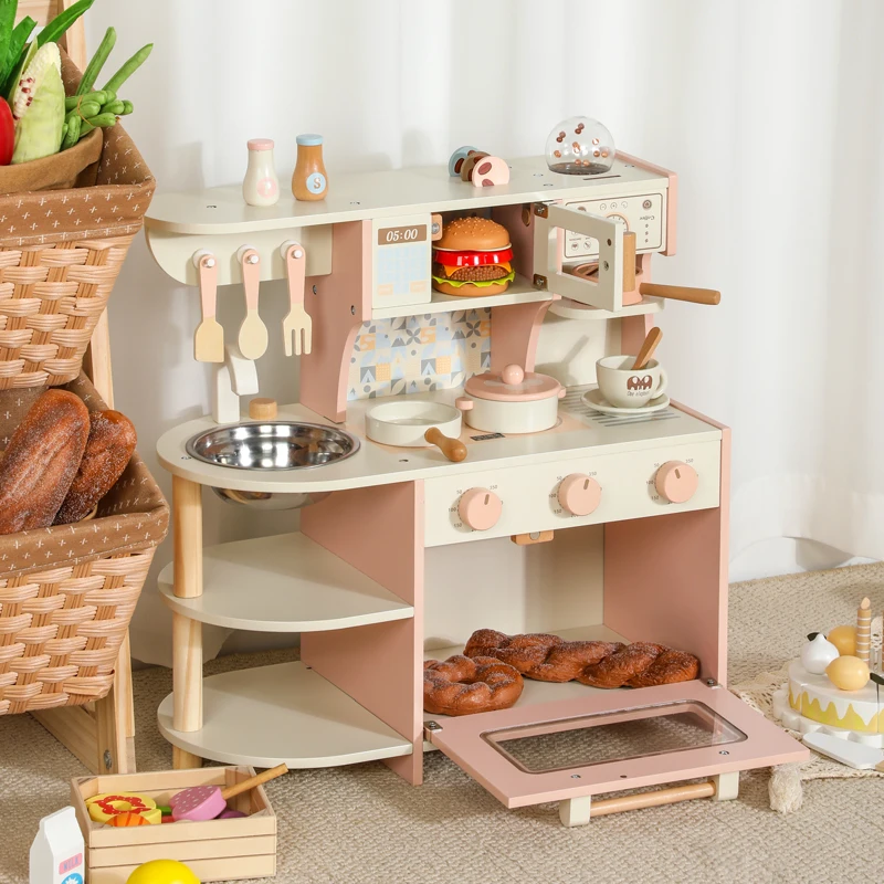 Cute Pink Wooden Kids Play Kitchen Play Set Chef Pretend Play Set With Coffee Machine Oven Microwave Oven Cookware Accessories