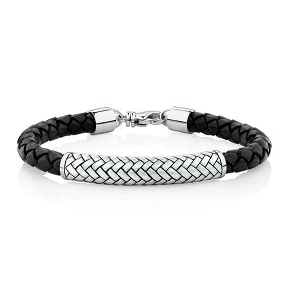 925 Sterling Silver Braid Jewelry Black Leather Bracelet for Man