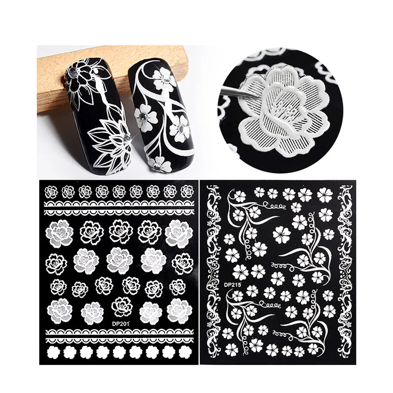 Top Quality 3D Stereoscopic White Nail Art Stickers Charm Flowers Leaf Lace Totem Design Decals Manicure Nail Art Decorations