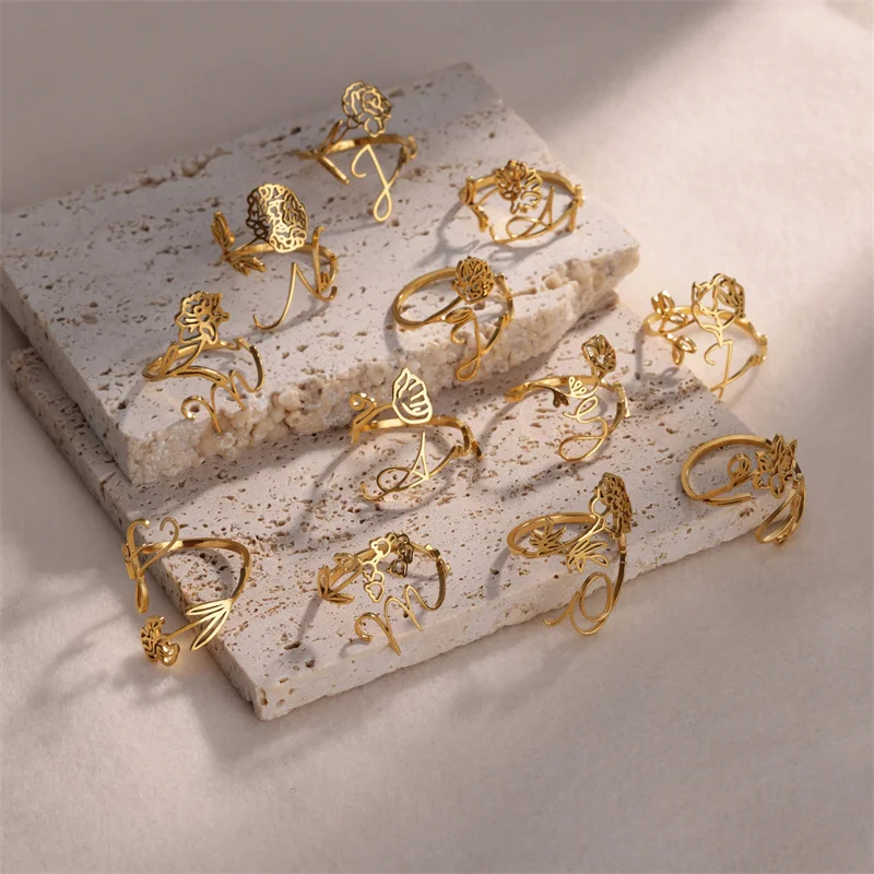 New Arrival Stainless Steel Engraved Month Initial Letter Ring Delicate Adjustable Hollow 12 Months Flower Birth Ring