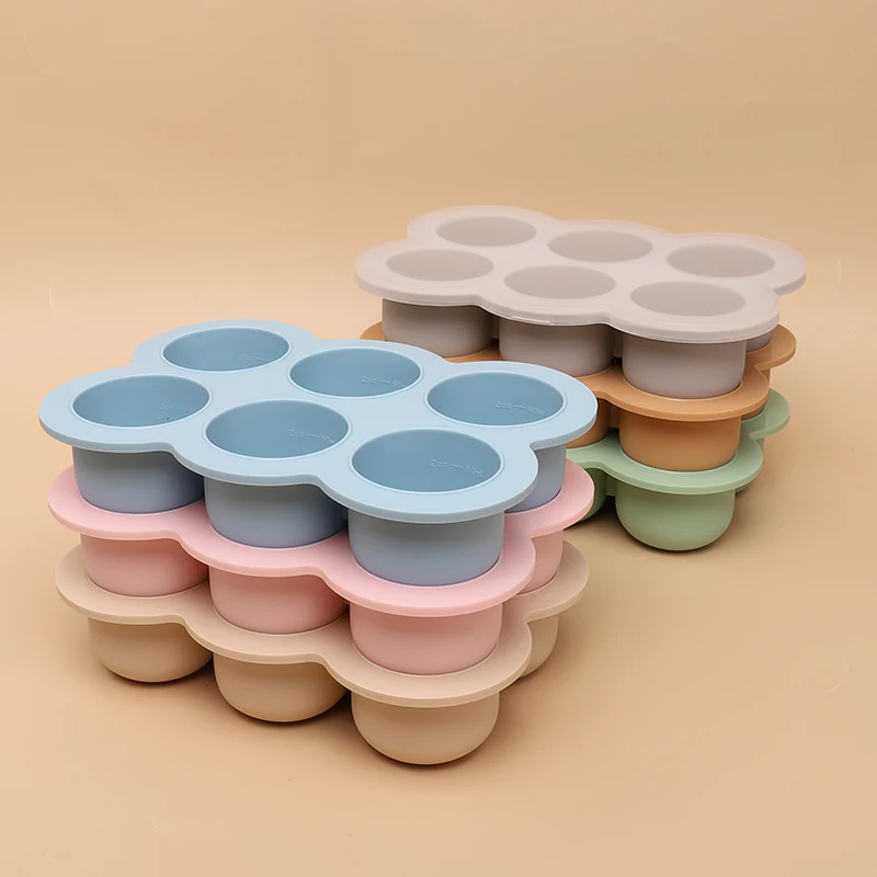New Arrival Large 6-Piece Silicone Ice Cube Mold Quick-Freeze Demouldable Baby Food Storage Tray with Handle Free Sample Box