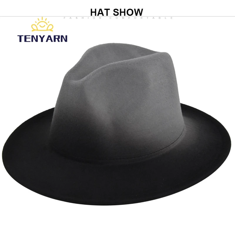 Tenyarn  60 Cm Unisex Print Ombre Wide Brim Fedora Hats Custom Women 100% Wool Mens Fedora Stylish Hats Wholesale