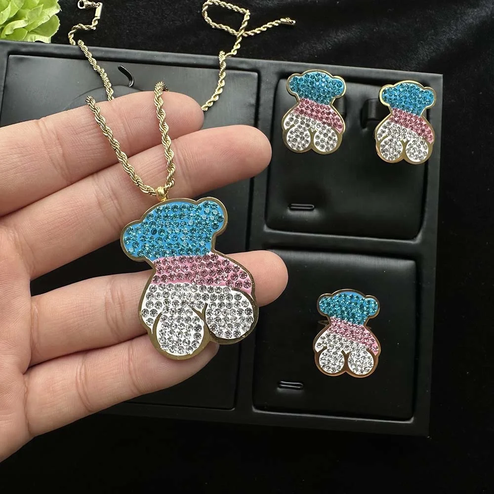 Blue Stone Fashion Gold Plated Stainless Steel Bracelet Necklace Jewelry Women Girl Costume Design  Hawaiian Ring Sets