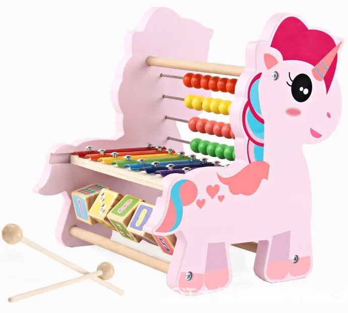 Custom Children Wooden Educational Toys Baby Gift Set Unicorn Eight Tone Stage Percussion Piano Colorful Musical Instruments