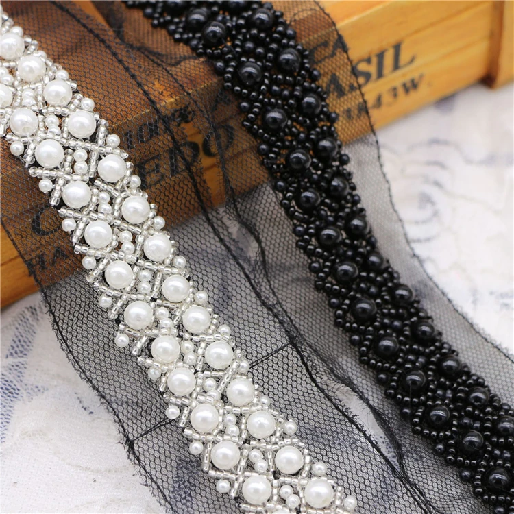Wholesale High Density Pearl Flower Beads Lace Edge Trim Ribbon French Tulle Lace For For Sewing Evening Dress Handbags