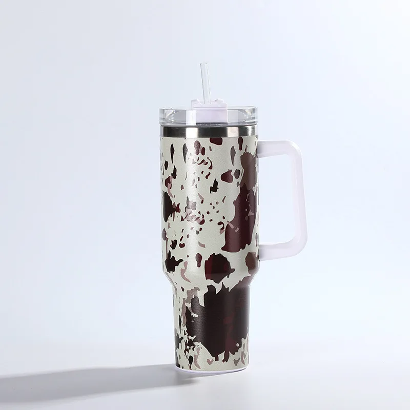 Cow Print 40oz Mug Insulated Stainless Steel Tumbler Reusable Home Office Coffee Bottle With Handle Straw Creative Gift