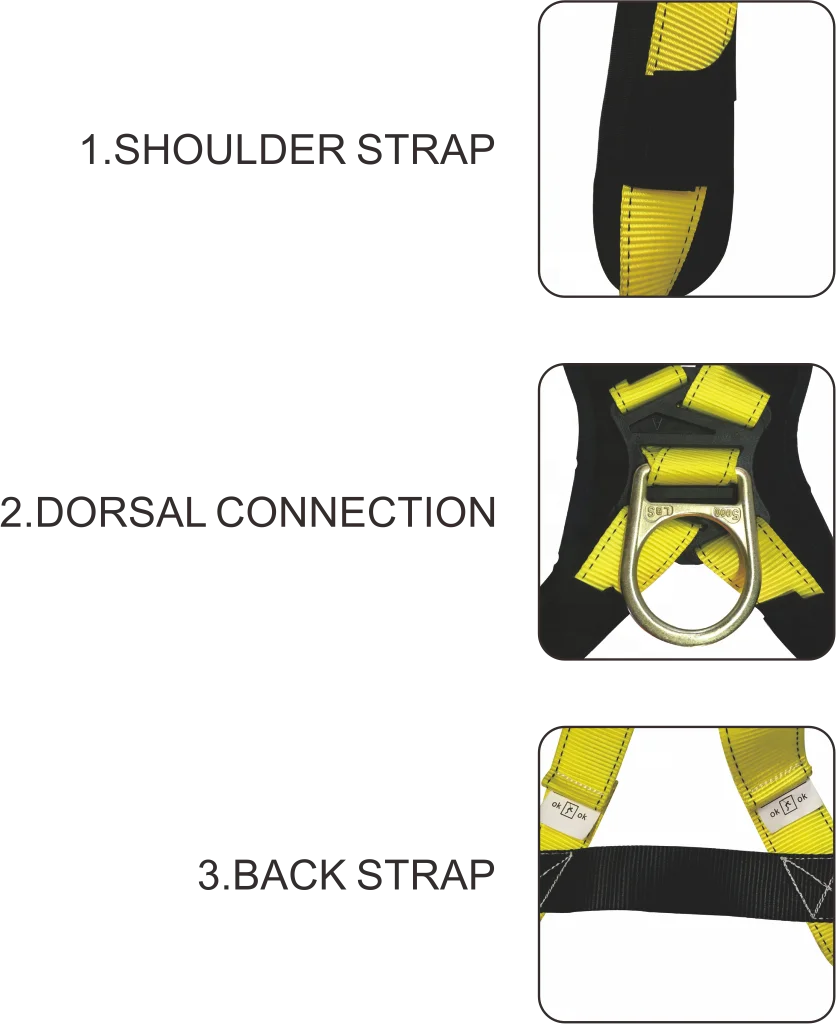 ANSI tower climbing full body safety harness with shock absorbing double lanyard