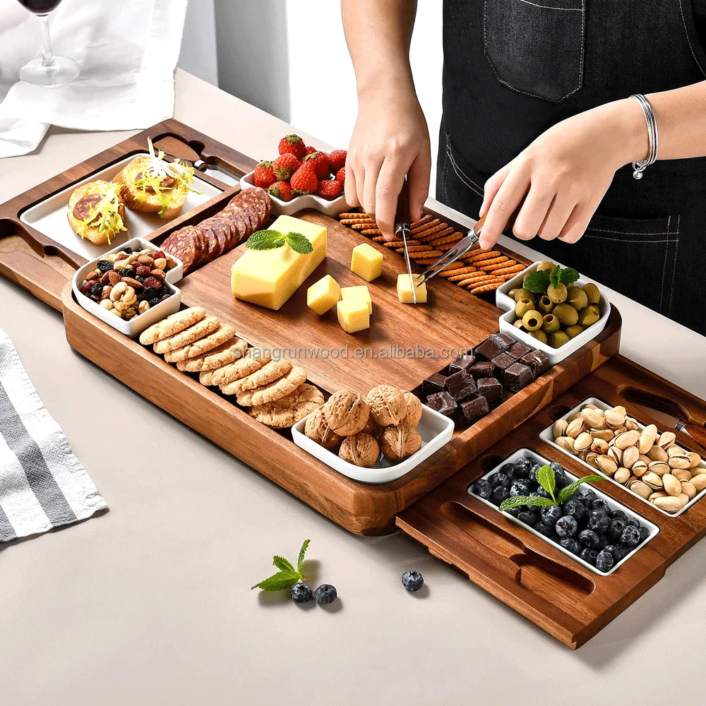 Handcrafted Acacia Square Shaped Cheese Charcuterie Set Cheese Platter Premium Rustic Cheese Boards