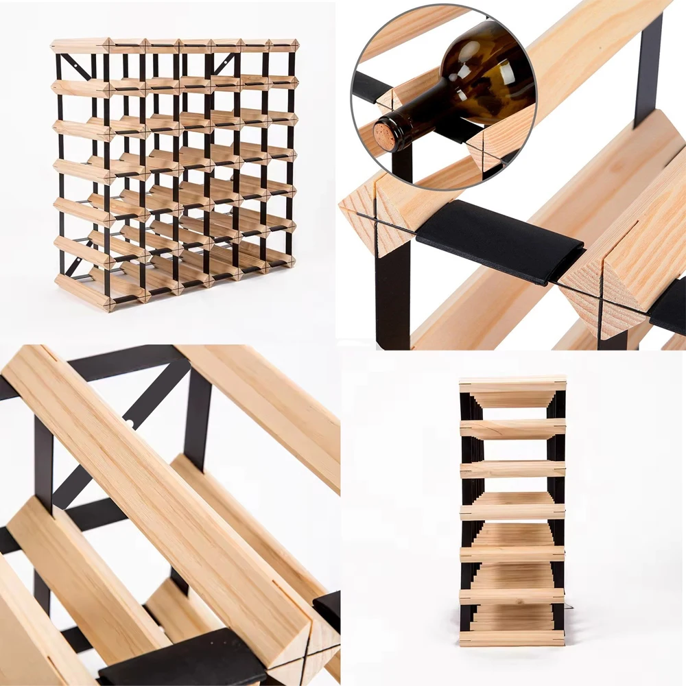 Floor standing metal&wood wine bottle holder display Organizer cellar design cabinet storage stackable modular wood wine rack