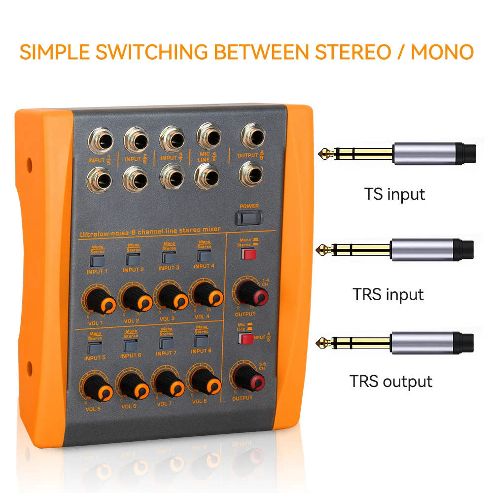 Portable 8-channel line mixer low-noise stereo mono switching mini guitar bass keyboard mic audio dj controller