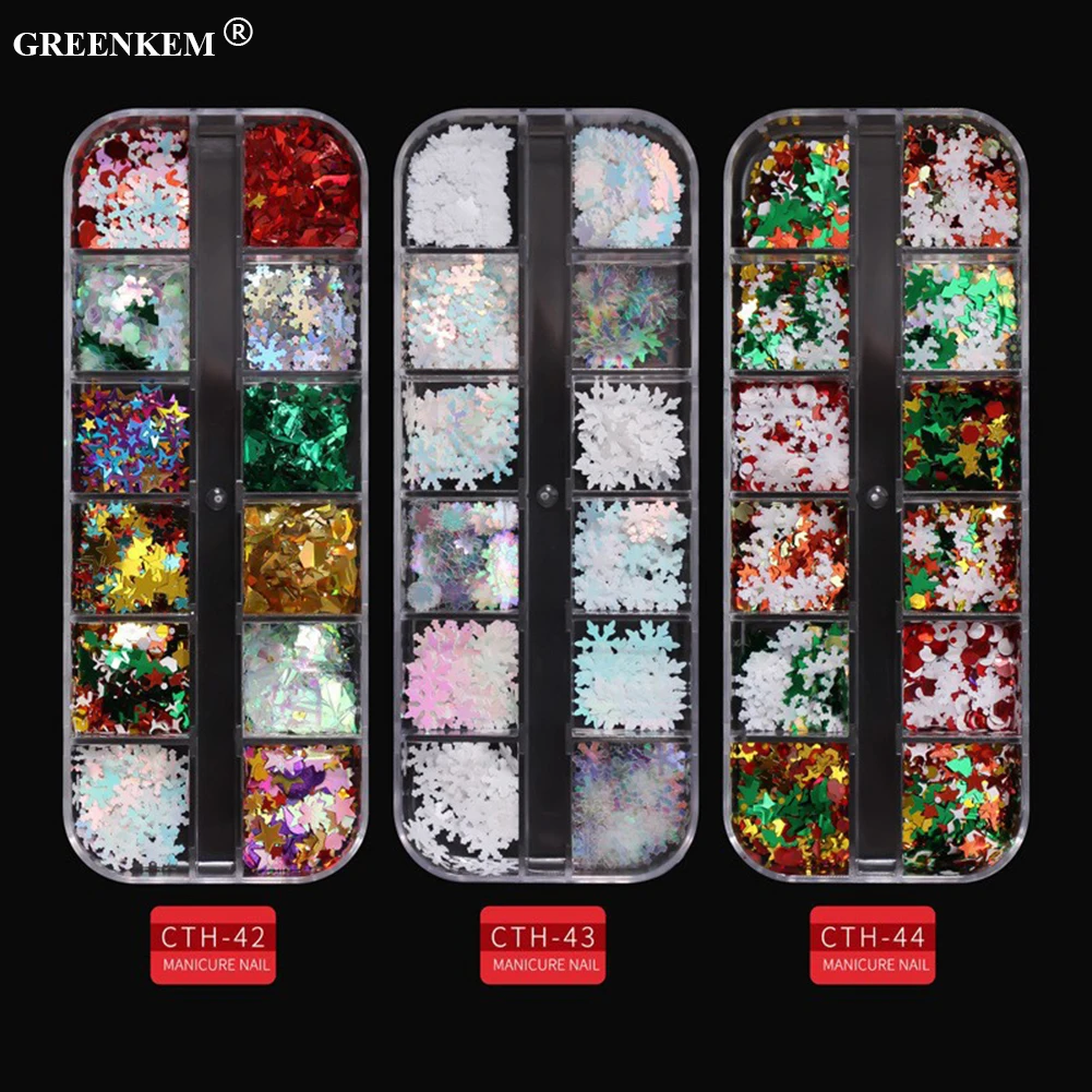 Wholesale Christmas 12 Grids/box Sequins Mixed Color Sparkle Nail Glitter Winter Snowflake Nail Art Sequins Decoration