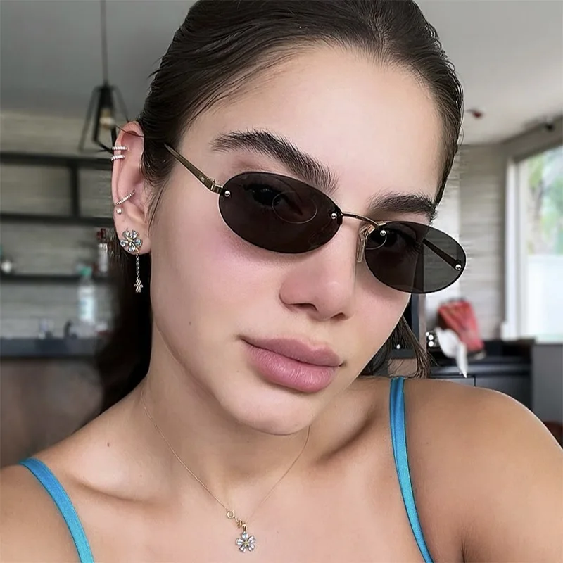 Retro Rimless Oval Sunglasses New Women Men Luxury Punk Sun Glasses Uv400 Female Shades Eyewear