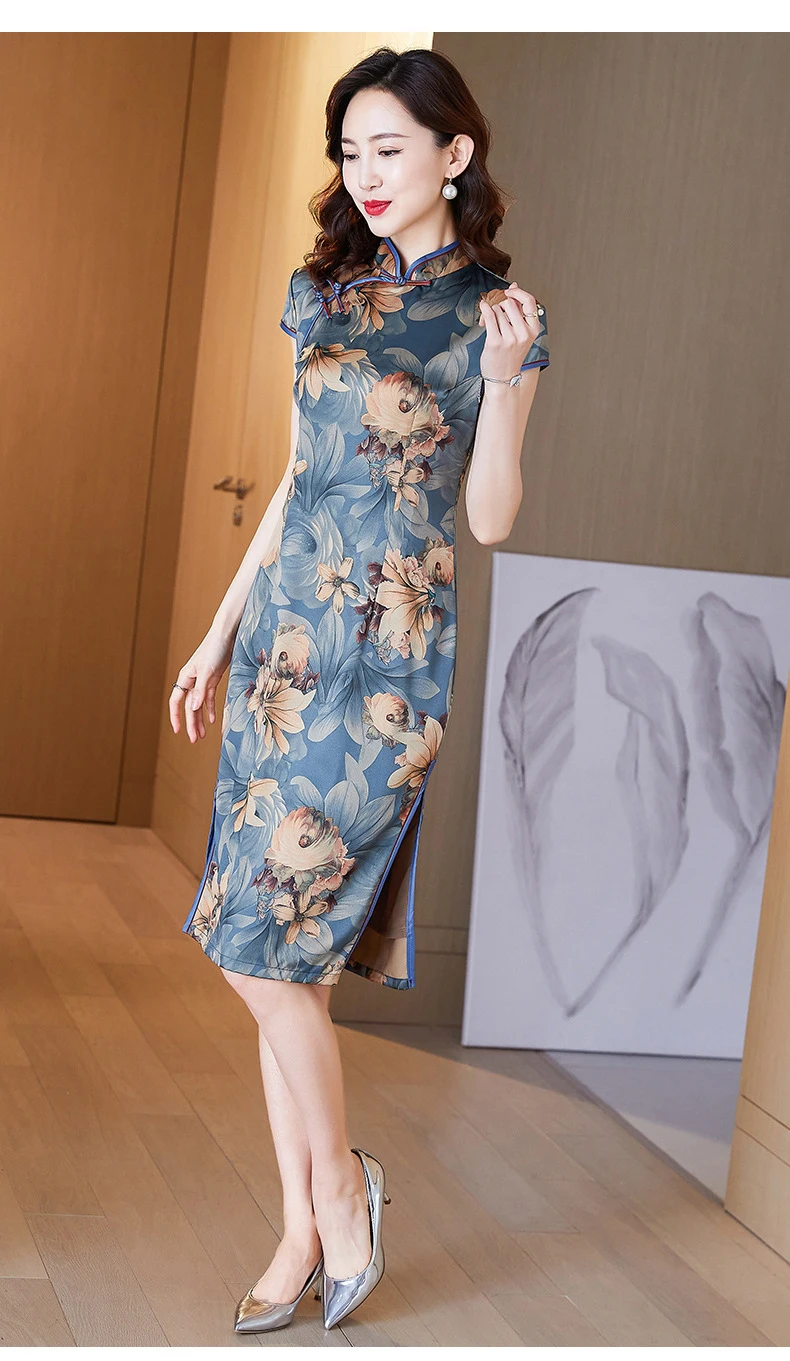 Горяч-продавать шелкография женское сексуальное шелковое cheongsam платье Чонсам Сторона Сплит Женская