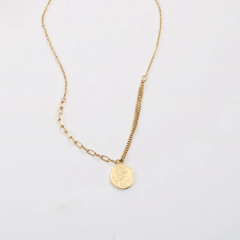 N1005 High End 18K Gold Plated No Fade Fashion Rose Flower Seal Pendant Pin Link Chain Stainless Steel Necklace