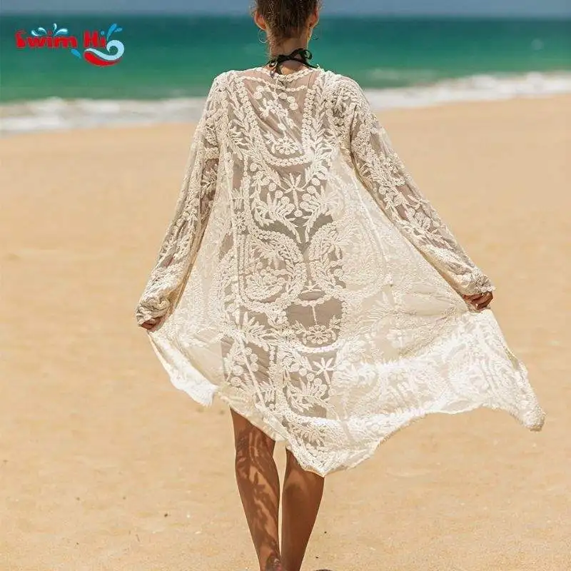 Sexy White Floral Crochet Lace Long Sleeve Kimono See Through Beach Wear