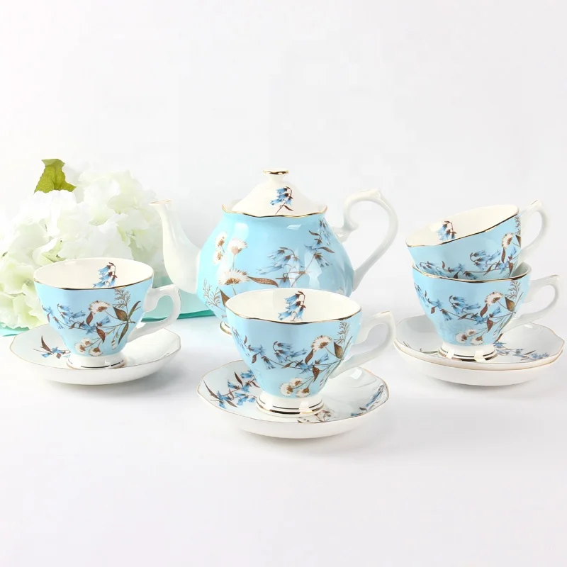 English Style Bonechina Red Rose Design 1000ml Family Coffee Tea Pot and Cup Set