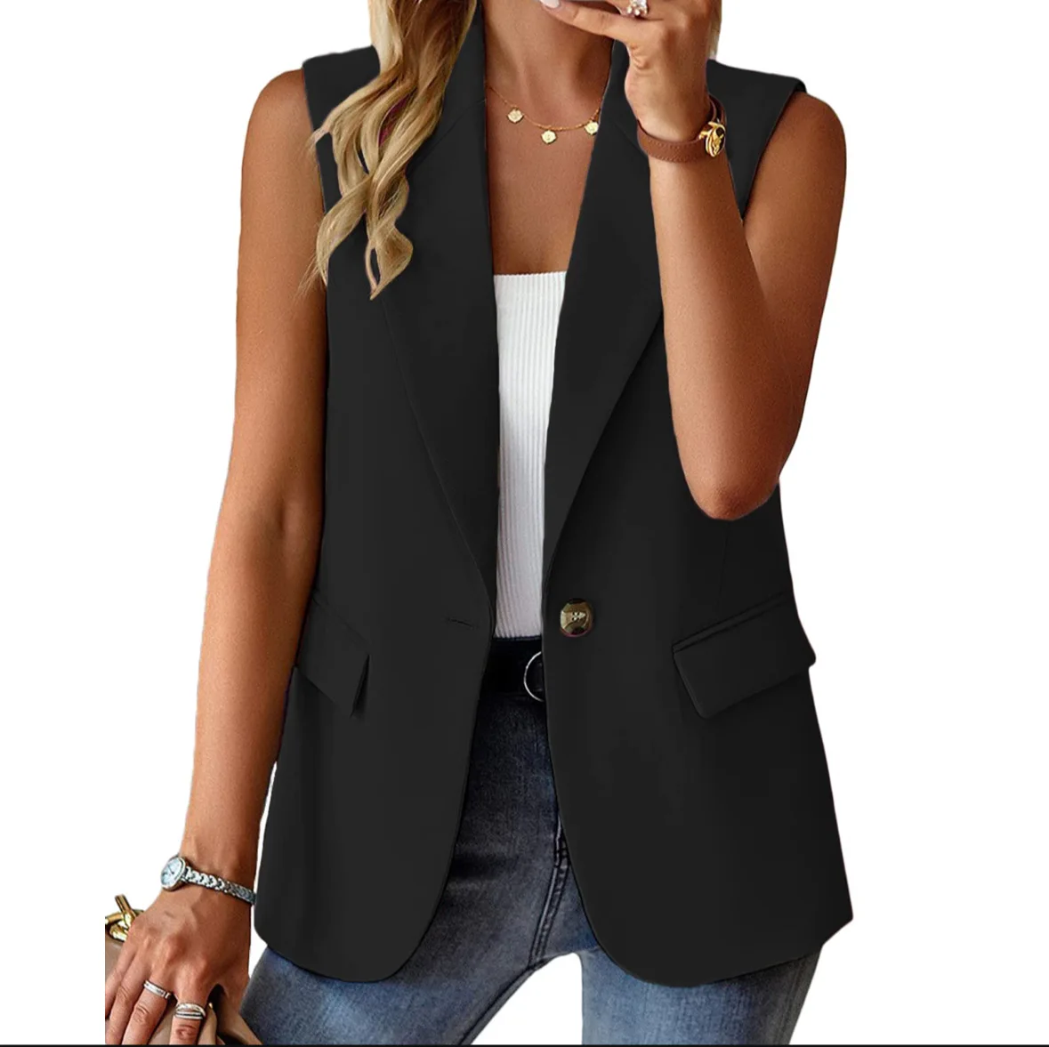 Women Fashion Waistcoat High Quality Single Button V-neck Top Sleeveless Solid Jacket Top Female Cardigan Blazer Coat