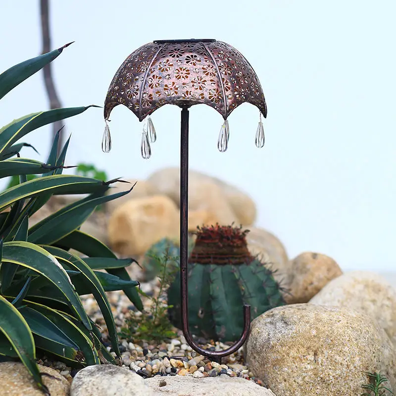 Outdoor Ip65 Waterproof Garden Landscape Yard Decor Lighting Solar Wrought Iron Umbrella Hollow Daisy Projection Light Lawn Lamp