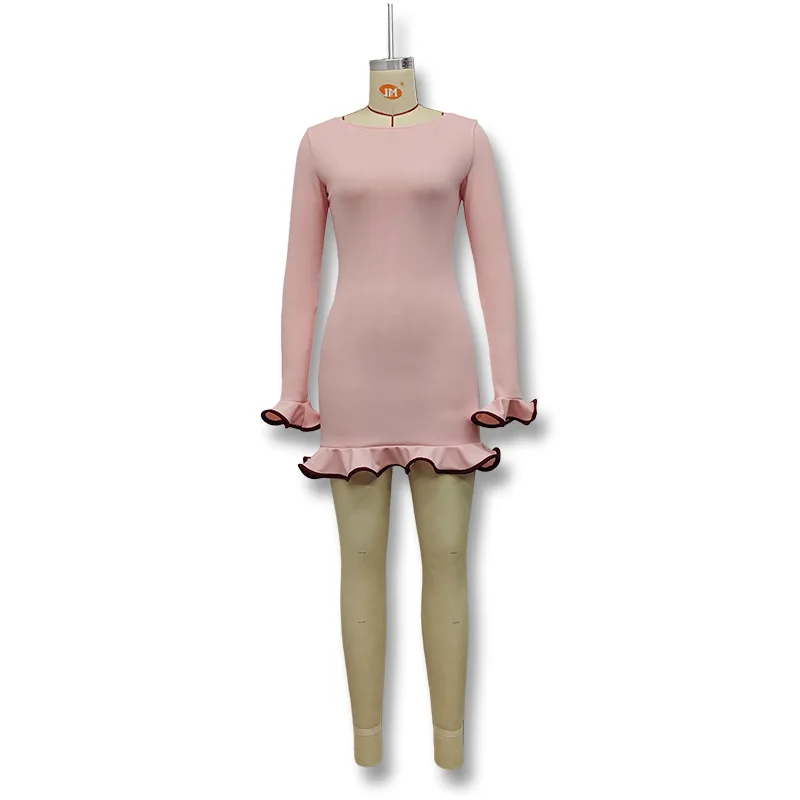 Channel Fall 2024 Boat Neck Long Sleeve Frill Tirm Mini Dress For Women Cute Ruffle Hem Bodycon Short Dress