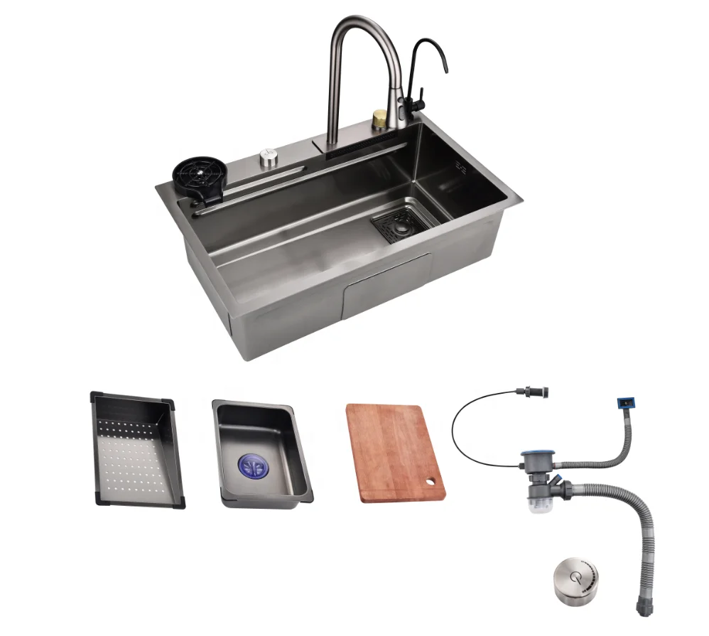Black Waterfall Kitchen Sink 304 Stainless Steel Single Bowl Drop in Sink with Faucet Top mount Workstation with Accessories
