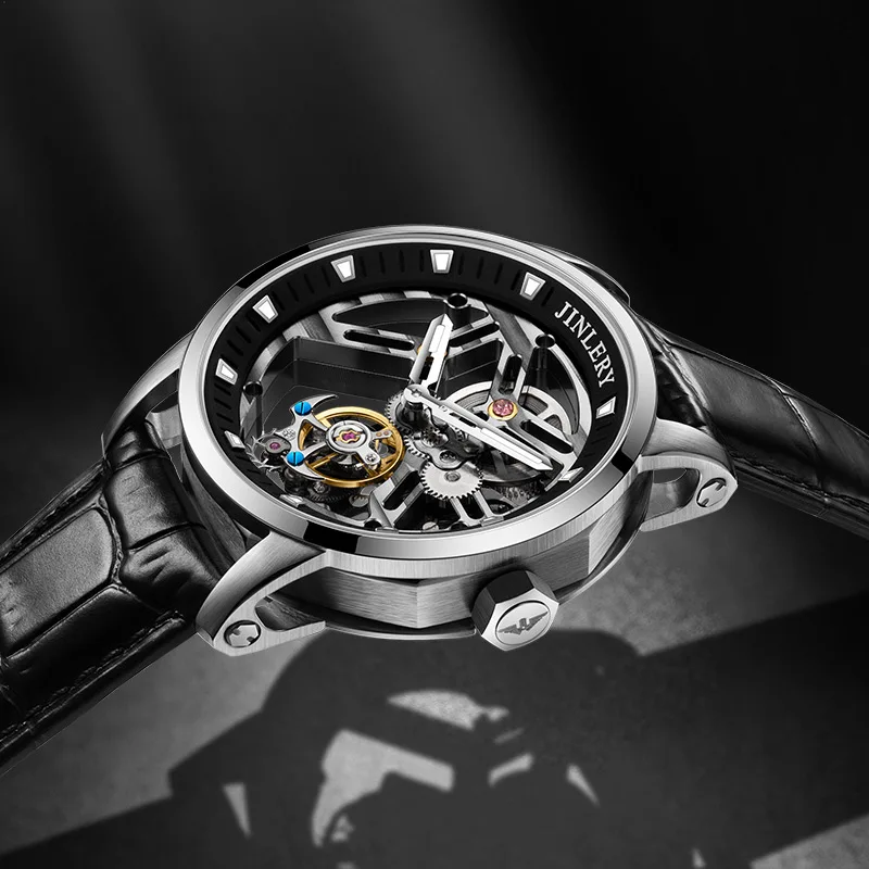 JINLERY Mechanical Tourbillon movement Watch Skeleton Design Leather Strap Waterproof Mechanical Tourbillon Watch for men