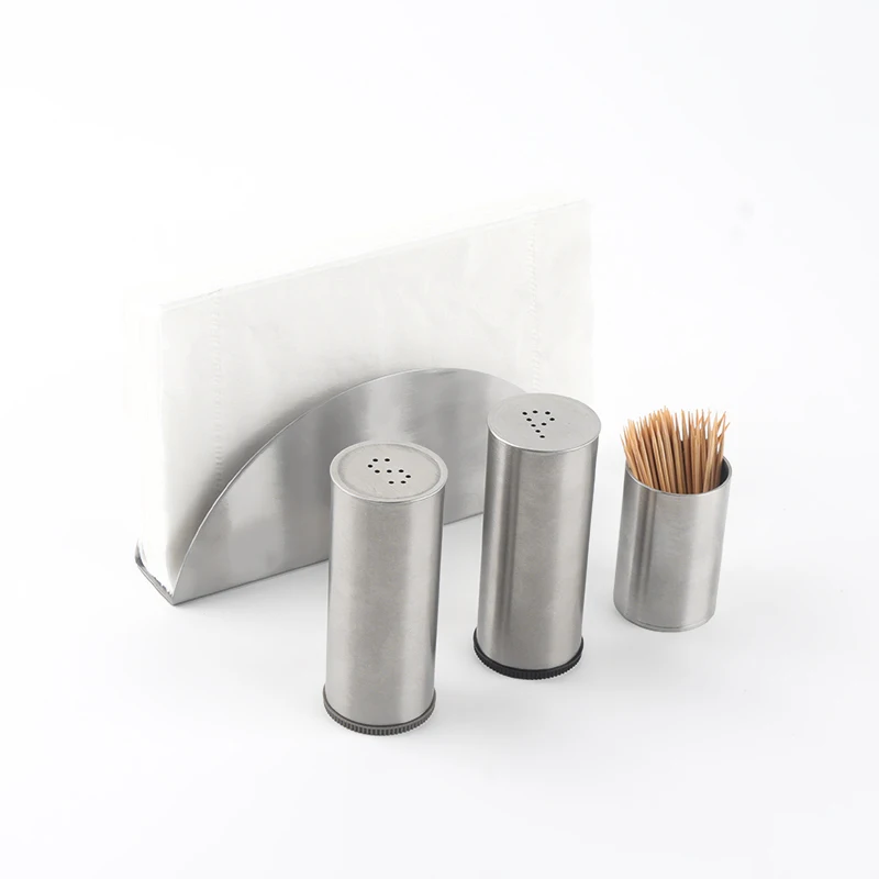 Customized Stainless Table Set With Napkin Holder Toothpick Pepper and salt pepper shaker set For Home And Restaurant