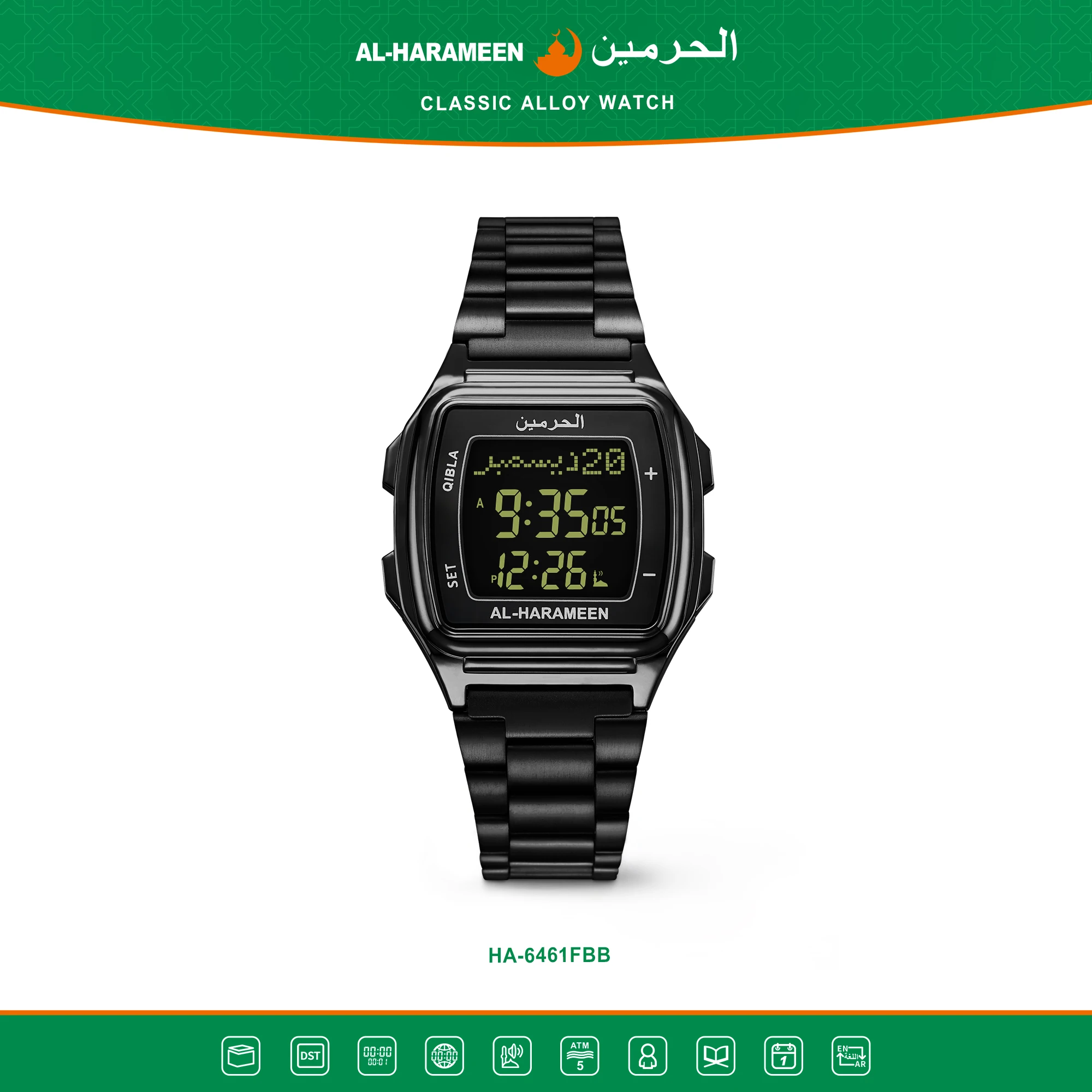Unisex HA-6461 Ramadan Gift Muslim Charm Watch with Azan Prayer Calendar round Crystal Dial Window Fashionable Paper Case