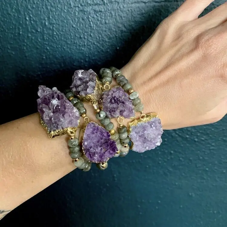LS-A2480 chunky natural raw amethyst bracelets,faceted labradorite gemstone beads charm bracelet for women men