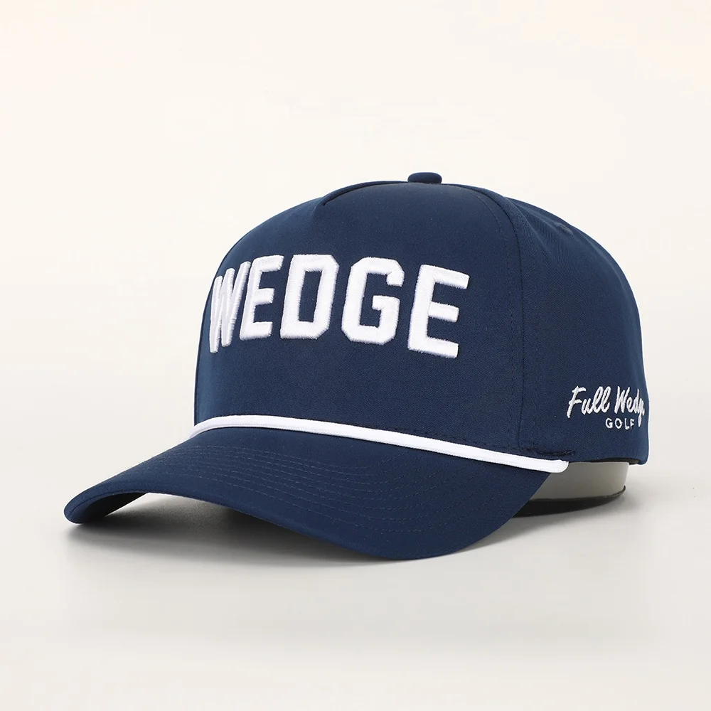 Wholesale Custom 3D Embroidery  5 Panel Navy Blue Polyester Performance Sport Dad Hat Spandex  Gorras Rope Baseball Cap
