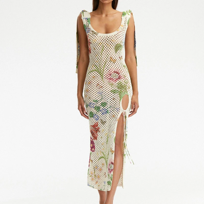 Women casual floral print long summer dresses slit sleeveless digital printing printed midi woman dress 2018 2024 crochet dress