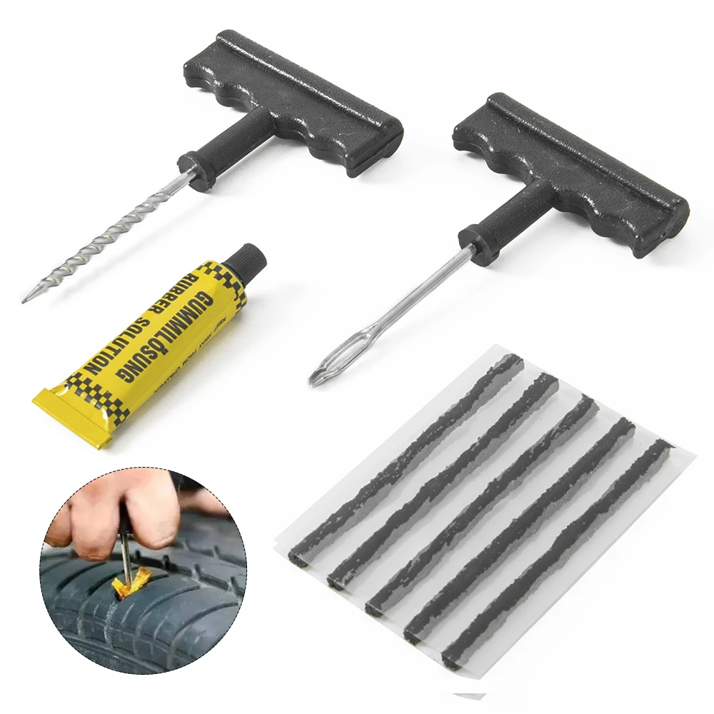 8PCS Drill Reamer Tire Plug Tool Black Strips Vulcanizing Fluid Tubeless Car Tire Repair Tool Kit