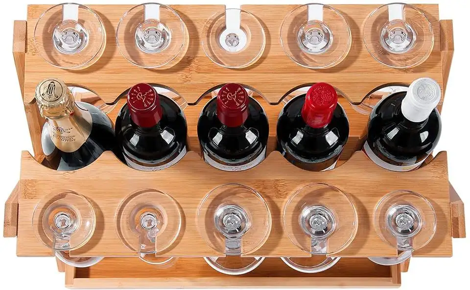 Wood Countertop Wine Racks Hold 5 Wine Bottles 10 Glasses Sturdy Bamboo Wine Bottle Glass Holder for Kitchen Bar