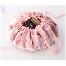 Fabric Cosmetic Storage Bag Customized Lay Flat Makeup Pouch Lazy Drawstring Makeup Bag Wholesale Soft Flannel for Women OEM