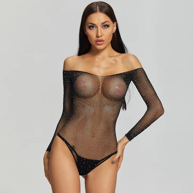 Nylon Rhinestone Bodysuit Bodystockings Nude Black Color Long Sleeved One Size Hollow out Decoration ODM lingerie costume