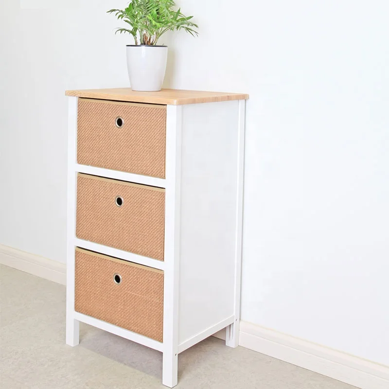 Foldable Wooden Night Stand for Bedroom or Living Room Straw Fabric Storage Drawer Side Table