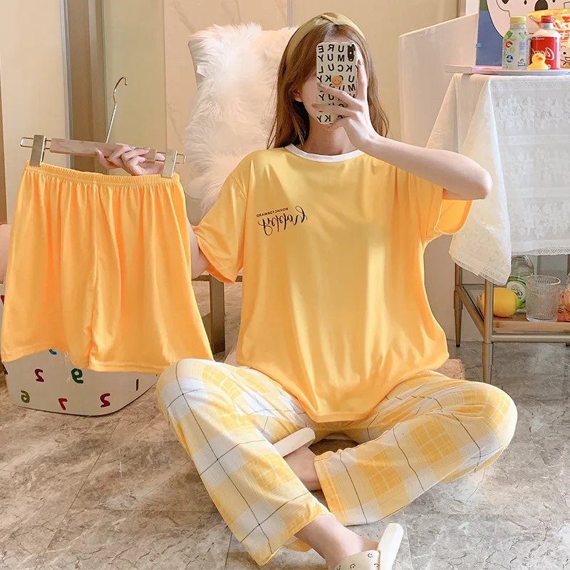 Women Cute Sleepwear 3PCS Shirt&Shorts Pajamas Set Print Nightwear Cartoon Intimate Lingerie Pyjamas Casual Homewear