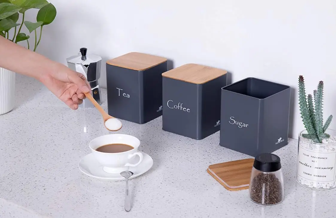 Kitchen Tea Coffee Sugar 3 Piece Square Storage Container Set Dark Grey Canisters Metal Tins with Bamboo Lids