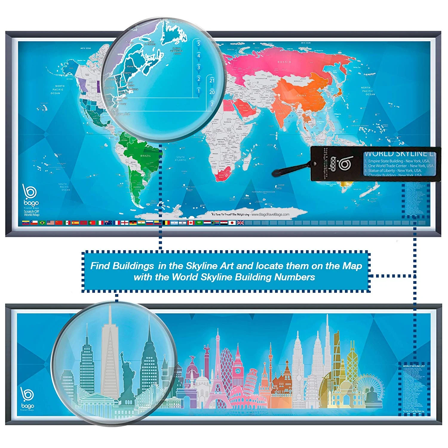 Big scratch off world map poster for travel with printed logo
