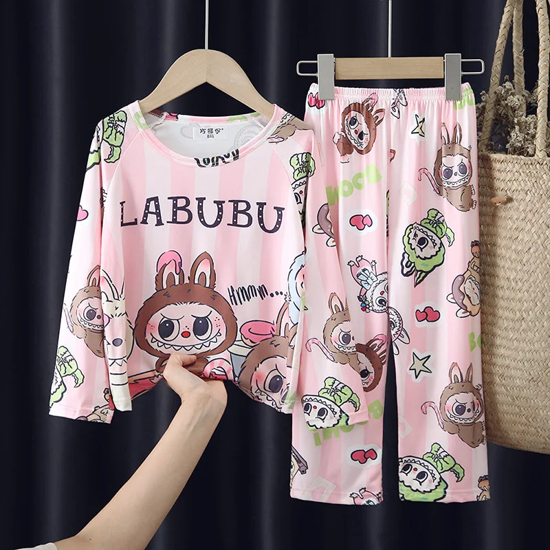 Runjoy new cartoon labubu Children Pajama Sets kawaii labubu print soft Autumn Winter long sleeve Casual kids Homewear wholesale