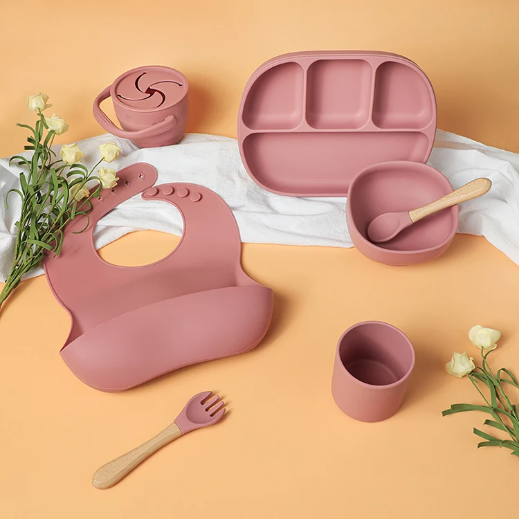 Wholesale Bpa Free Kids Feeder Baby Eco Divider Spoon Bowl Plate Silicone Dishes Cup Feeding Set With Box