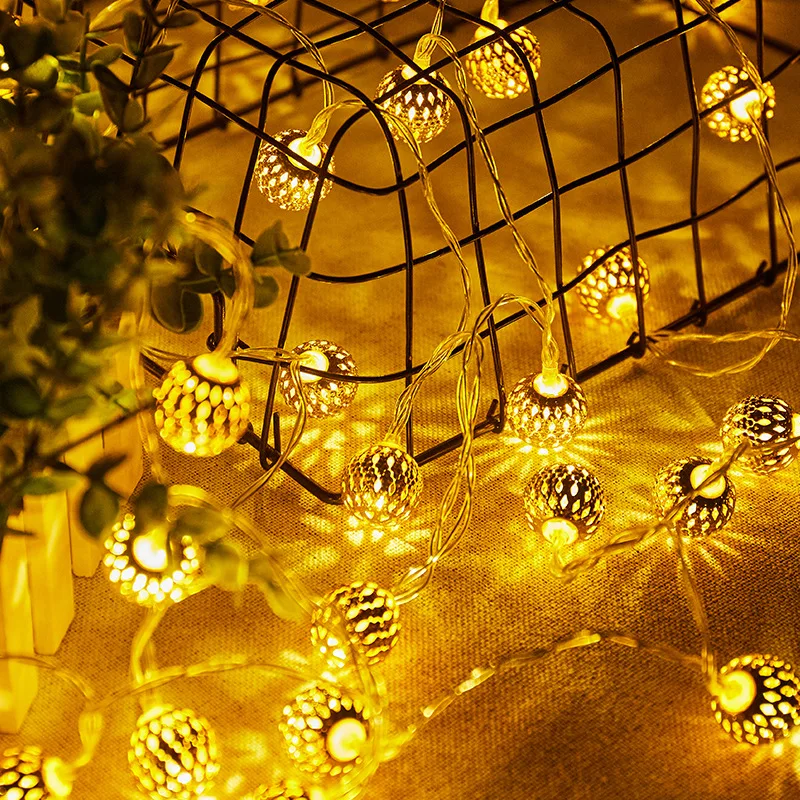 Metal Led Moroccan Metal Ball Christmas Led Christmas Tree Battery Operated String Home Decor Light For Decoration