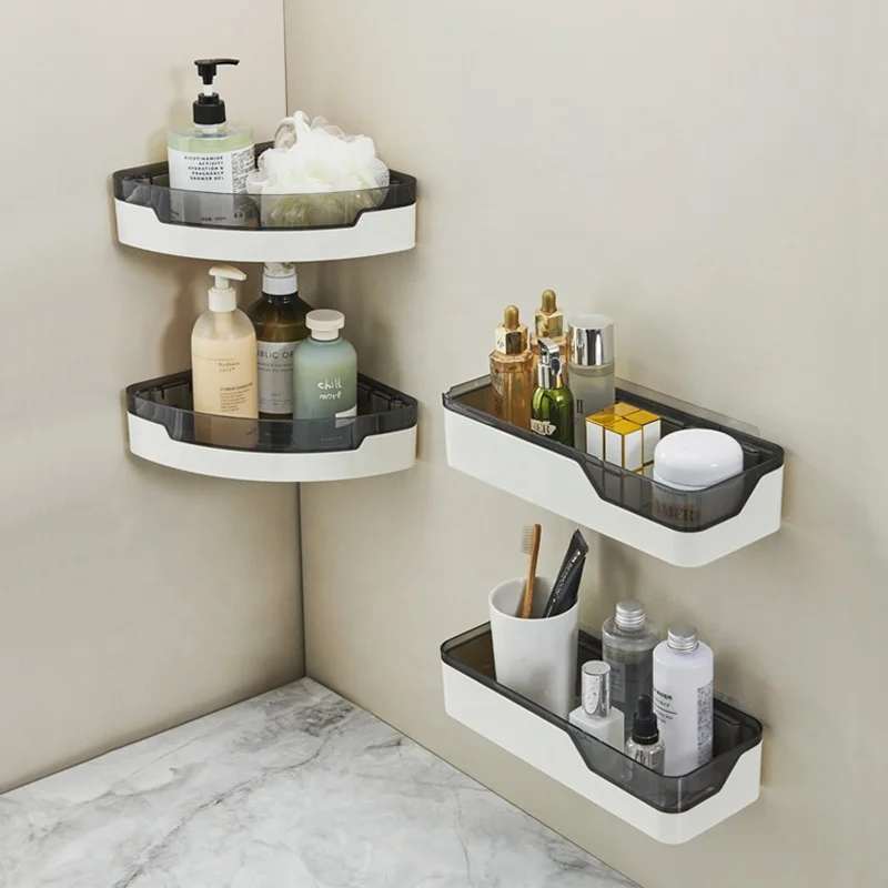 Bathroom Shelves Without Drilling Corner Double Layer Plastic Triangle Shelf  Caddy Set For Toilet