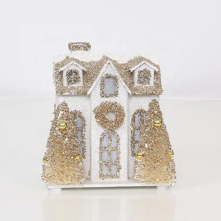 SOTE F16 Mini Custom Christmas Village Houses With LED Light Small Gold Cardboard Lighted Christmas House Tree Decoration