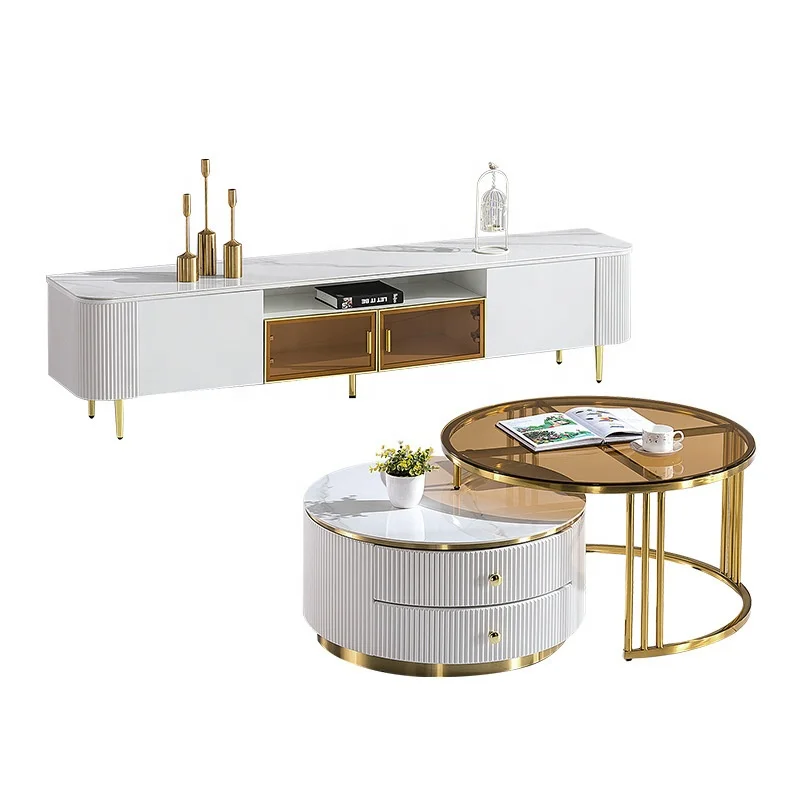 Hot Sale Luxury Modern Design TV Stand and Coffee Table Set Wood Panel Home Furniture for Living Room MDF Material