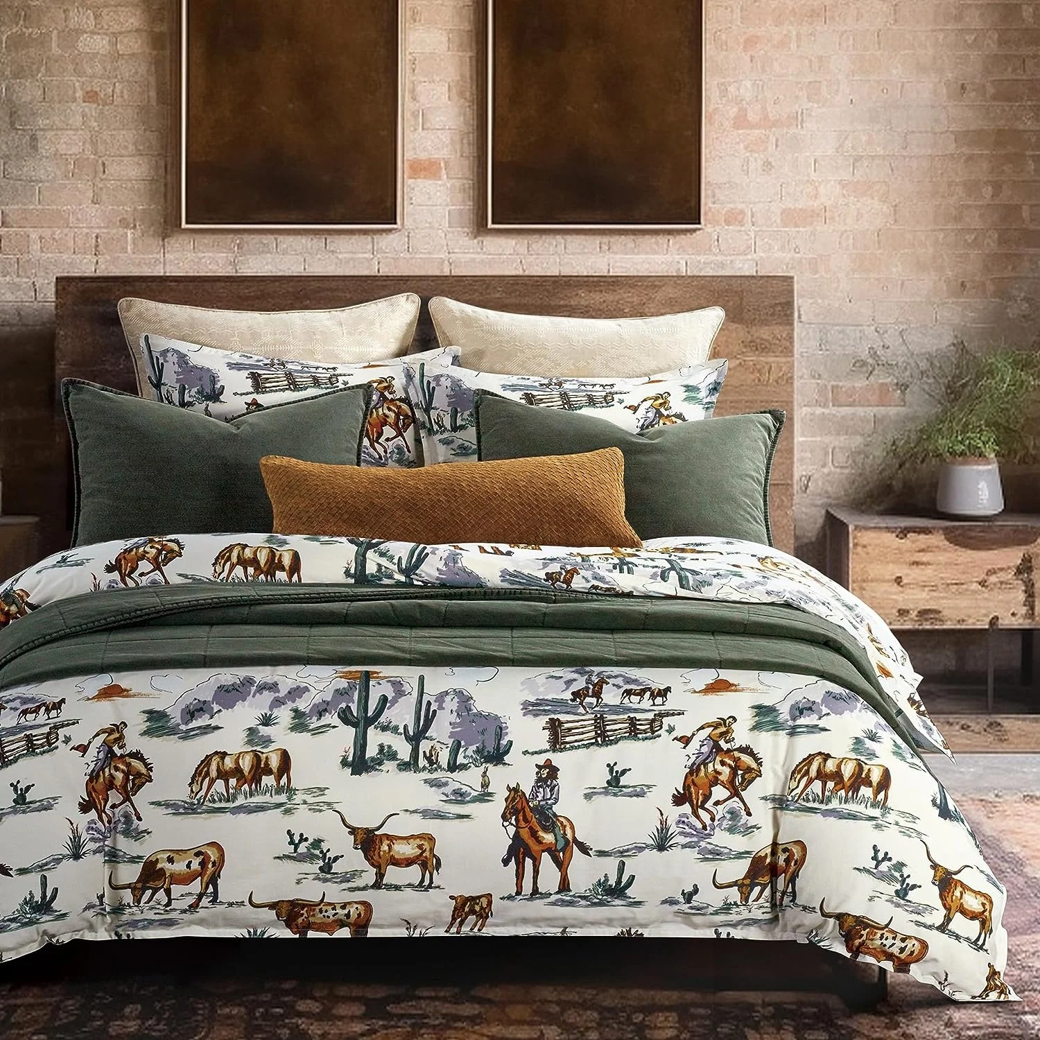 ALPHA TEXTILE 100% Organic 3 Piece Duvet Cover Set Duffle Bag Cowboy Cow Longhorn Horse Print, Cotton Bedding Western Style