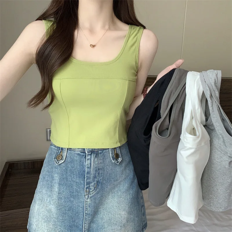 summer bright color casual basic padded vest daily outfit street dance workout camisole slim cozy femme tank crop top