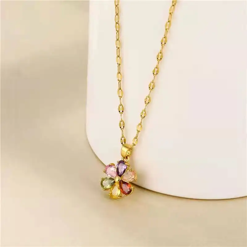 Colorful Rainbow Crystal Daisy Pendant Necklace Rainbow Diamond Initial Flower Necklace