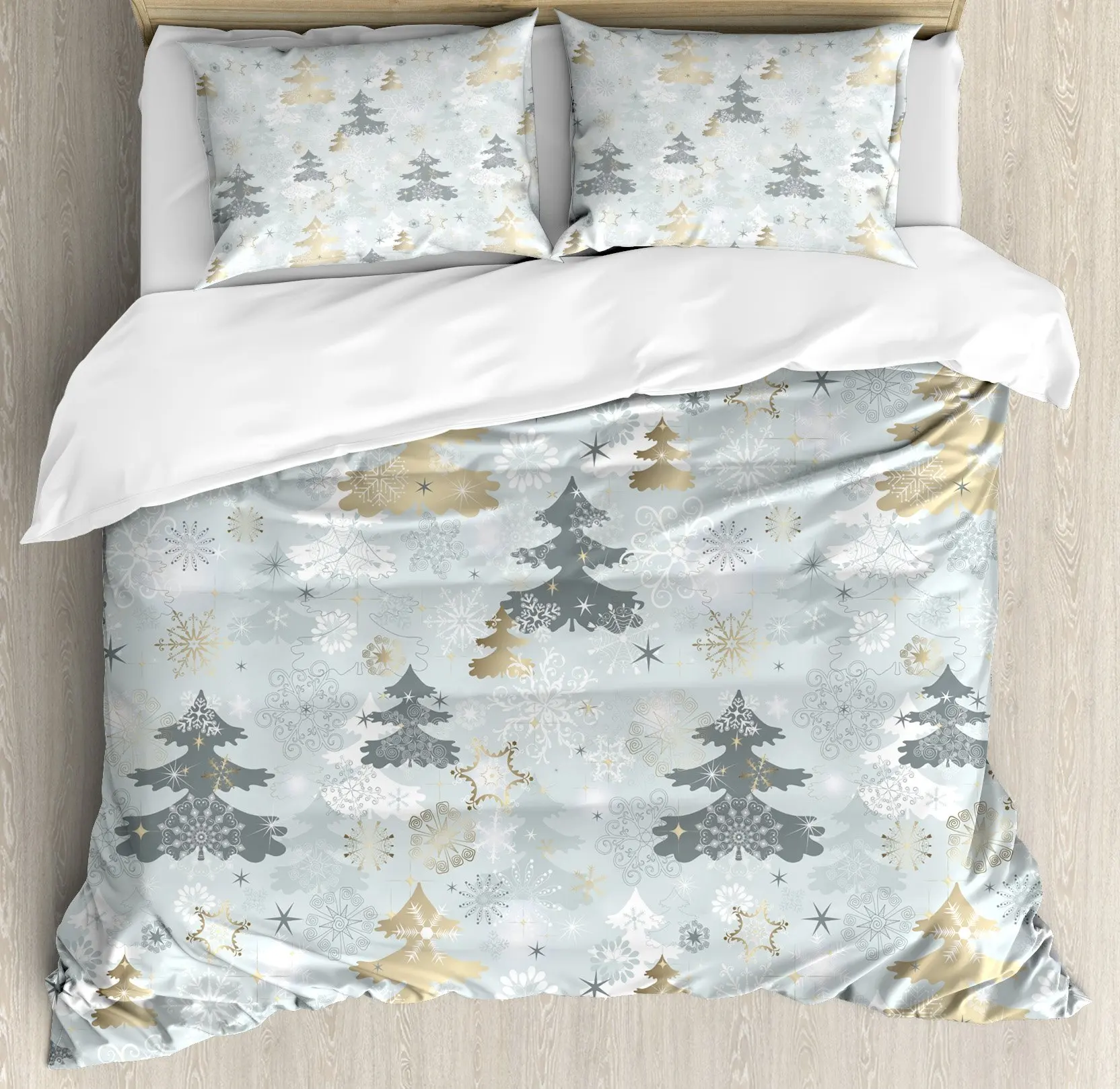 Christmas Duvet Cover Set, Retro Style Pine Over Snowflake Background in Pastel Tones Print, Decorative Bedding Set